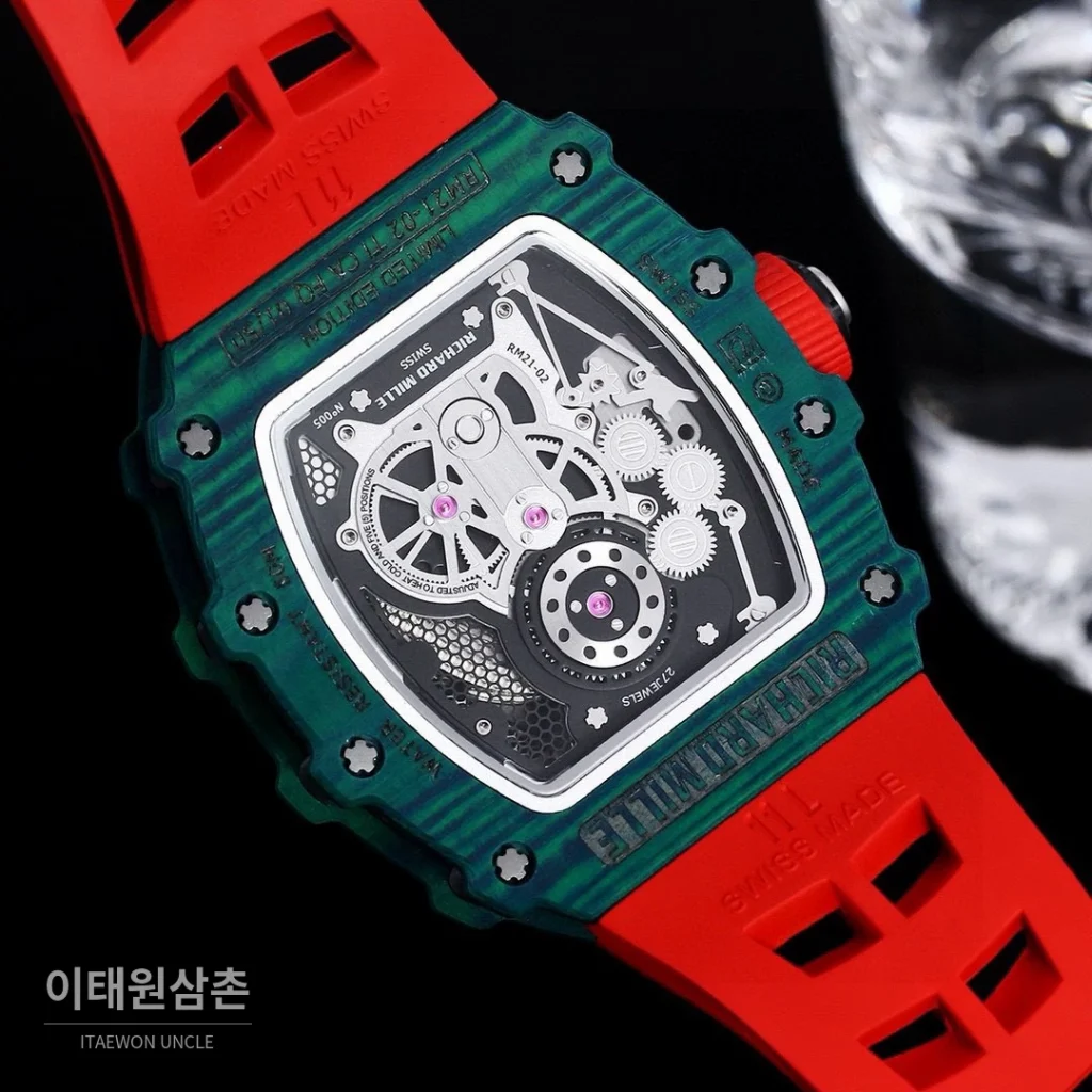 리차드밀 RM21-01 카본파이버 스켈레톤 오토매틱 50mm 블랙 레드 러버 스트랩 그린 베젤