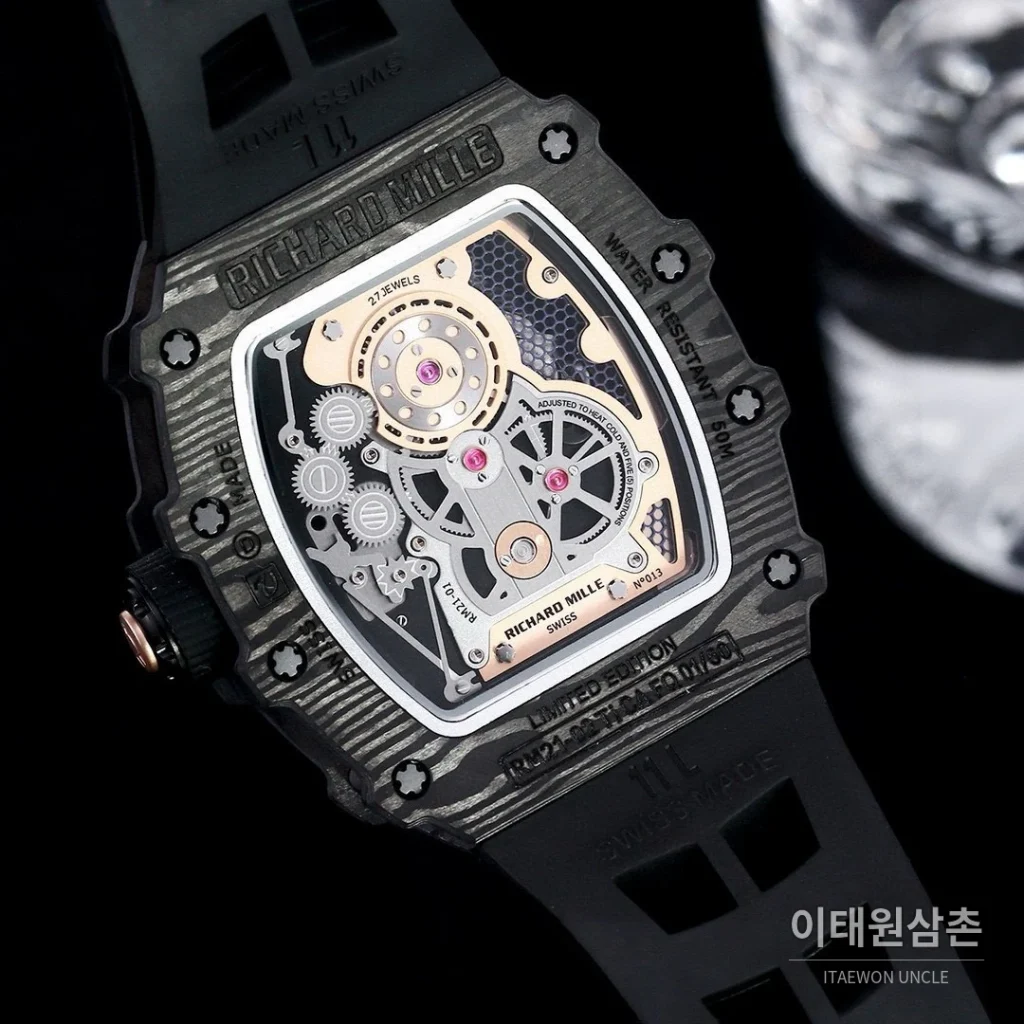 리차드밀 RM21-01 카본파이버 스켈레톤 오토매틱 50mm 블랙 블랙 러버 스트랩 로즈골드 베젤