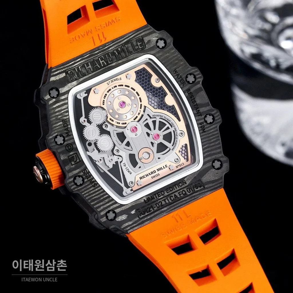 리차드밀 RM21-01 카본파이버 스켈레톤 오토매틱 50mm 블랙 오렌지 러버 스트랩