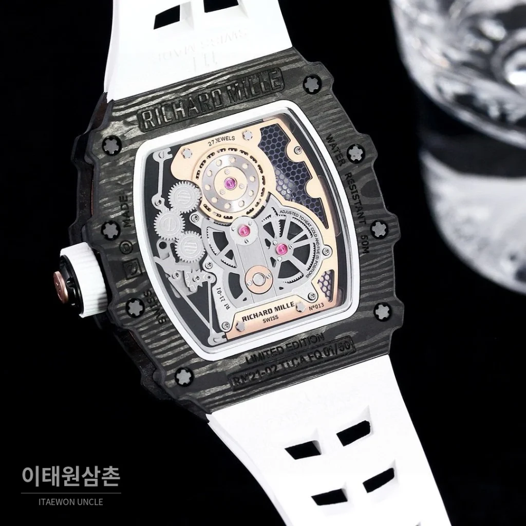 리차드밀 RM21-01 카본파이버 스켈레톤 오토매틱 50mm 블랙 화이트 러버 스트랩 로즈골드 베젤