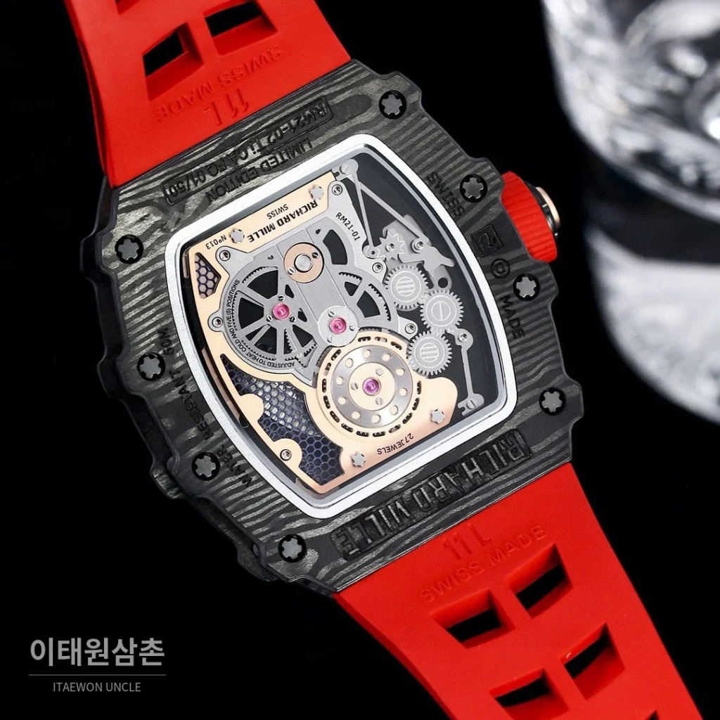 리차드밀 RM21-01 카본파이버 스켈레톤 오토매틱 50mm 블랙 레드 러버 스트랩