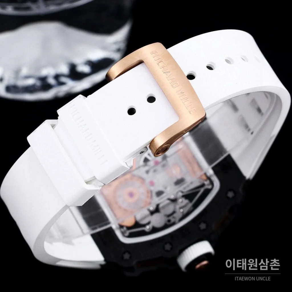 리차드밀 RM21-01 카본파이버 스켈레톤 오토매틱 50mm 블랙 화이트 러버 스트랩 로즈골드 베젤
