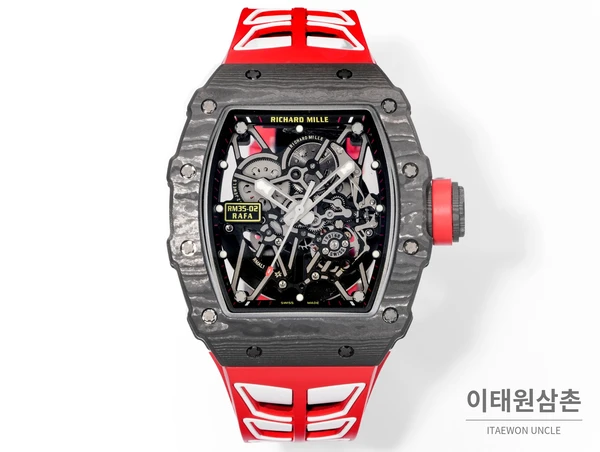 리차드밀 RM35-02 라파엘 나달 카본 파이버 스켈레톤 오토매틱 43mm 블랙 / 레드 레드 러버 스트랩