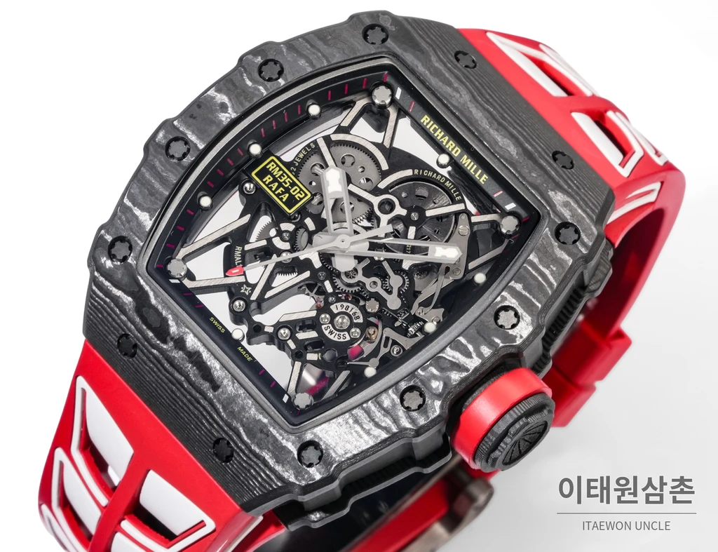 리차드밀 RM35-02 라파엘 나달 카본 파이버 스켈레톤 오토매틱 43mm 블랙 / 레드 레드 러버 스트랩