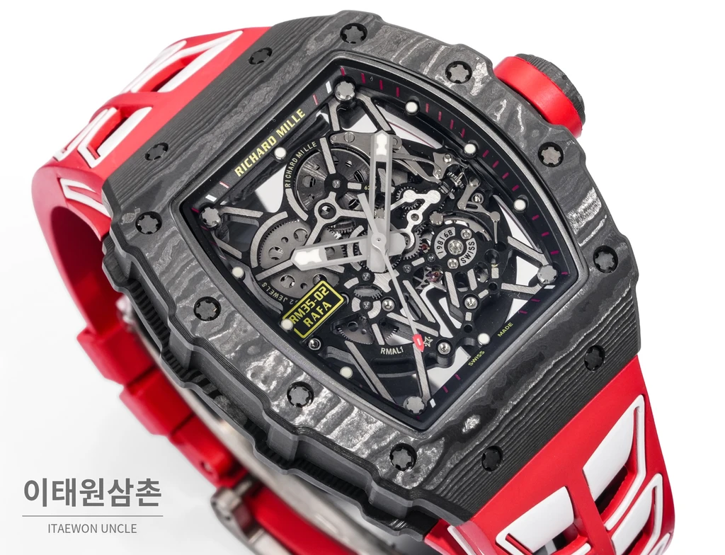 리차드밀 RM35-02 라파엘 나달 카본 파이버 스켈레톤 오토매틱 43mm 블랙 / 레드 레드 러버 스트랩