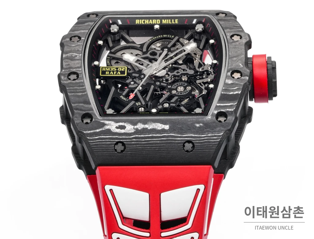 리차드밀 RM35-02 라파엘 나달 카본 파이버 스켈레톤 오토매틱 43mm 블랙 / 레드 레드 러버 스트랩