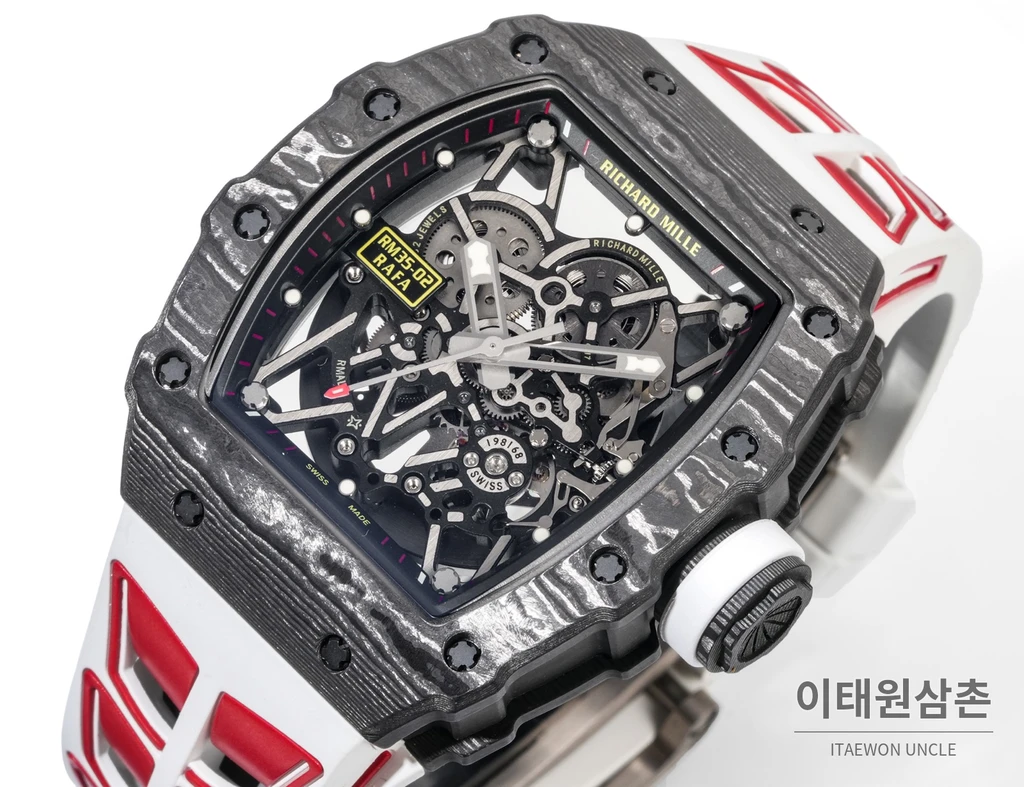 리차드밀 RM35-02 라파엘 나달 카본 파이버 스켈레톤 오토매틱 43mm 블랙 / 레드 화이트 러버 스트랩