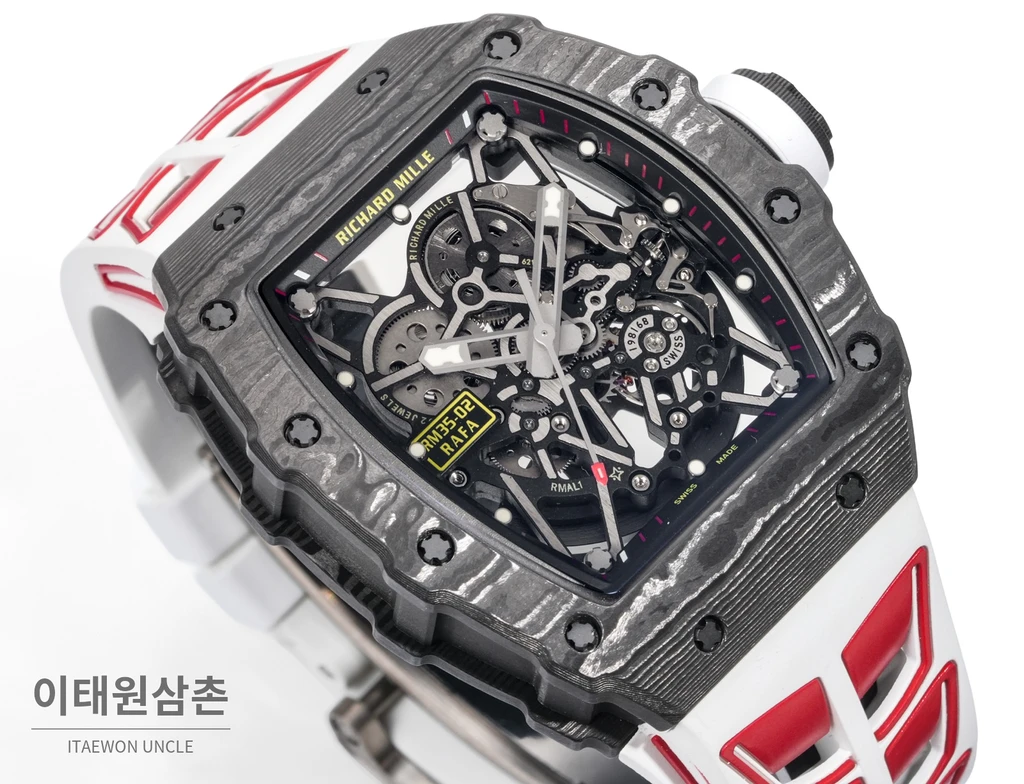 리차드밀 RM35-02 라파엘 나달 카본 파이버 스켈레톤 오토매틱 43mm 블랙 / 레드 화이트 러버 스트랩