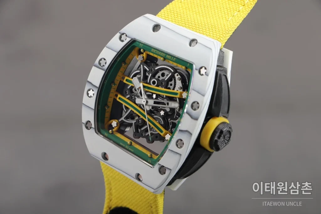 리차드밀 RM61-01 요한블레이크 카본 세라믹 스켈레톤 수동 43mm 블랙 / 그레이 옐로우 나일론 스트랩