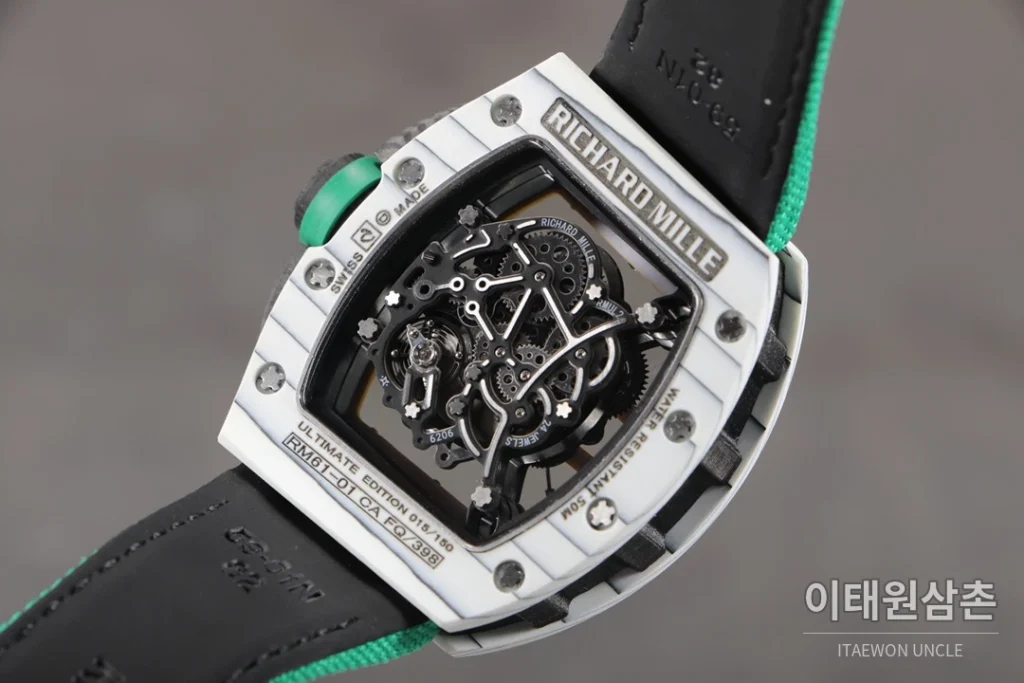 리차드밀 RM61-01 요한블레이크 카본 세라믹 스켈레톤 수동 43mm 블랙 / 그레이 민트 나일론 스트랩