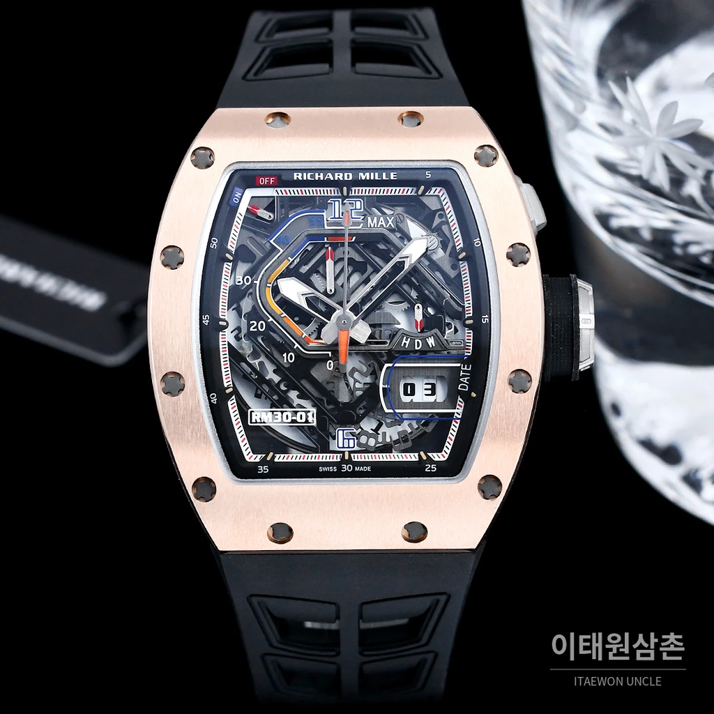 리차드밀 RM30-01 로즈골드 스켈레톤 블랙 러버스트랩 오토매틱 50mm