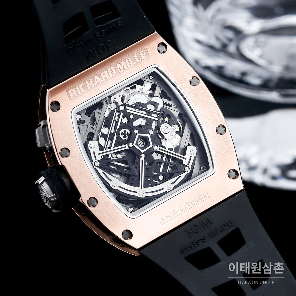 리차드밀 RM30-01 로즈골드 스켈레톤 블랙 러버스트랩 오토매틱 50mm