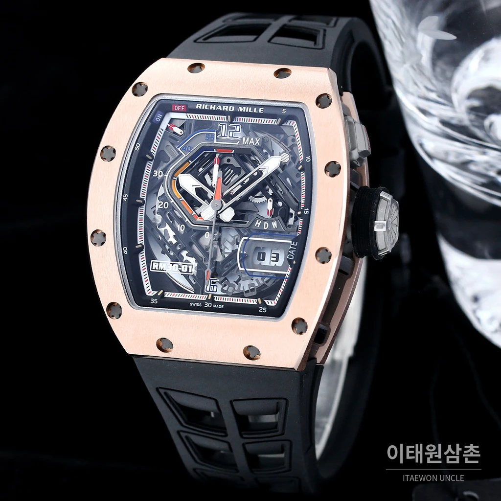 리차드밀 RM30-01 로즈골드 스켈레톤 블랙 러버스트랩 오토매틱 50mm