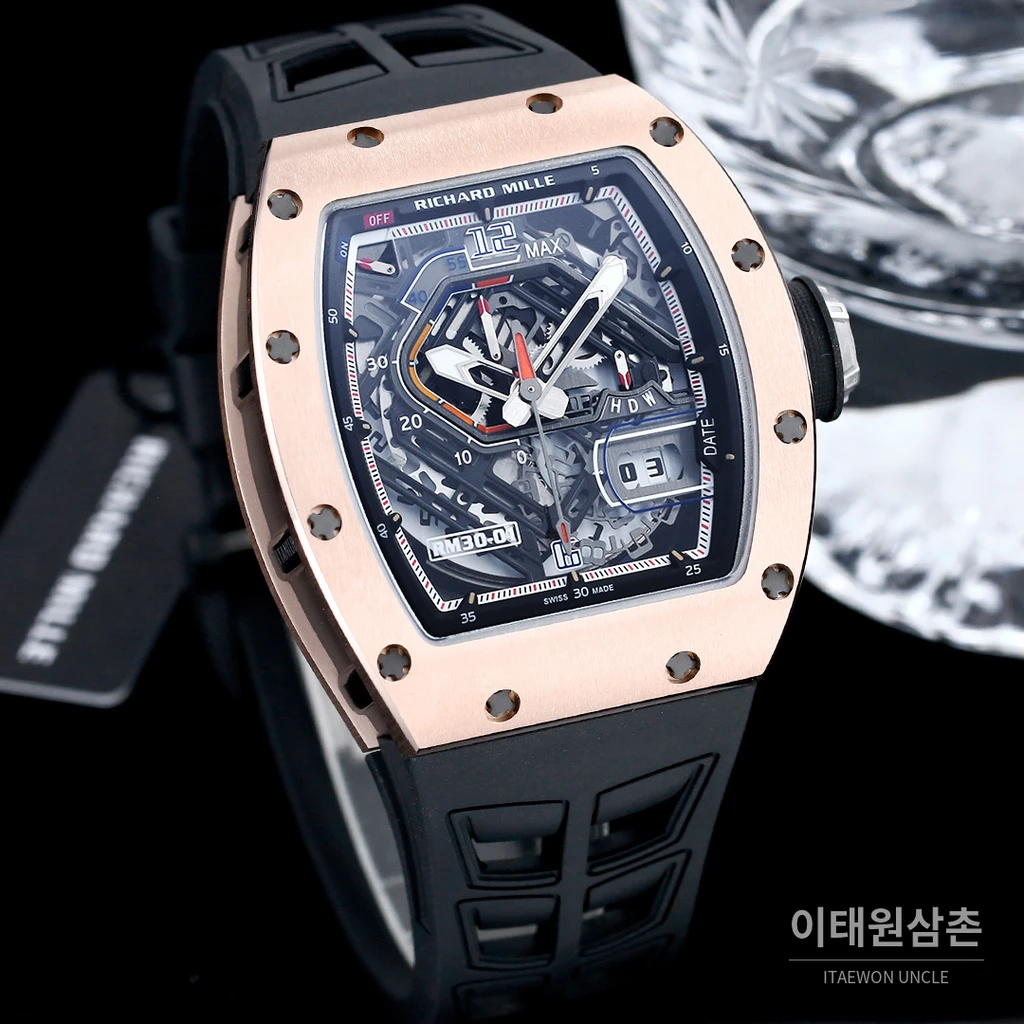 리차드밀 RM30-01 로즈골드 스켈레톤 블랙 러버스트랩 오토매틱 50mm