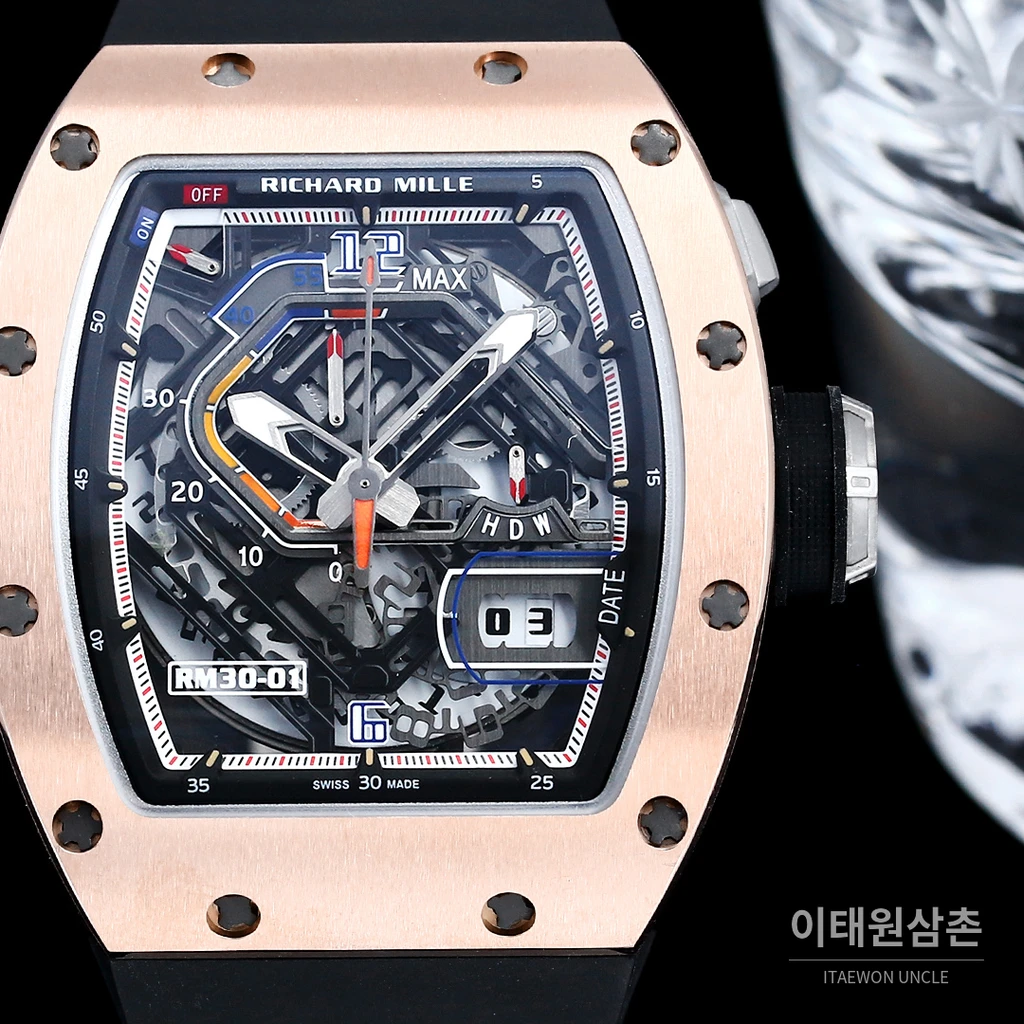 리차드밀 RM30-01 로즈골드 스켈레톤 블랙 러버스트랩 오토매틱 50mm