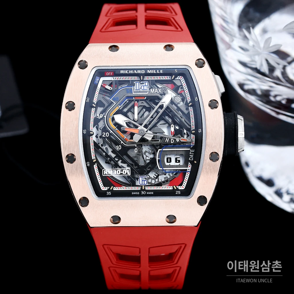 리차드밀 RM30-01 로즈골드 스켈레톤 레드 러버스트랩 오토매틱 50mm