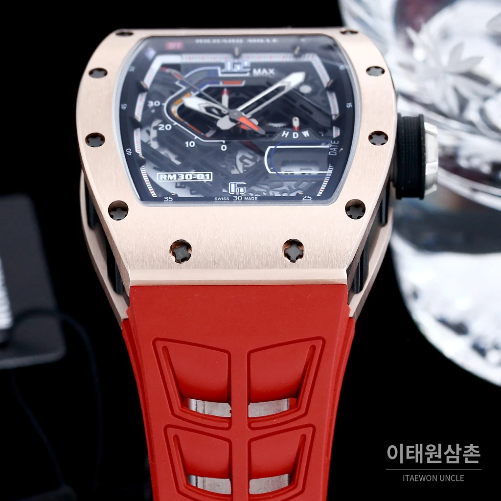 리차드밀 RM30-01 로즈골드 스켈레톤 레드 러버스트랩 오토매틱 50mm