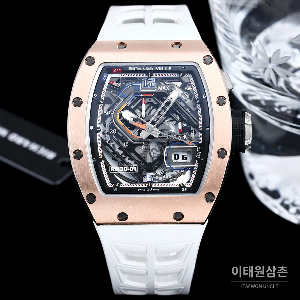 리차드밀 RM30-01 로즈골드 스켈레톤 화이트 러버스트랩 오토매틱 50mm