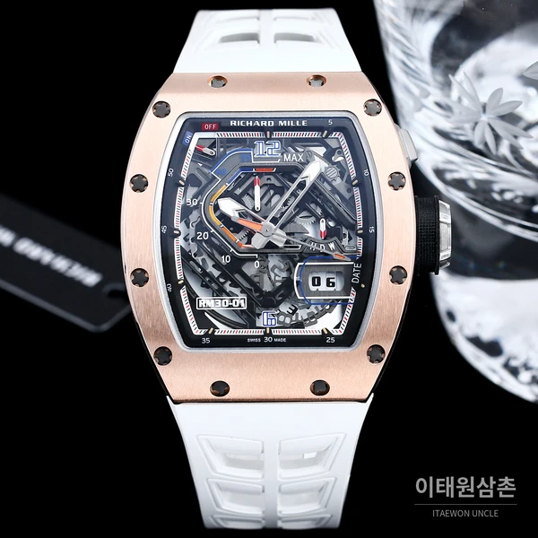 리차드밀 RM30-01 로즈골드 스켈레톤 화이트 러버스트랩 오토매틱 50mm 리차드밀 RM30-01 로즈골드 스켈레톤 화이트 러버스트랩 오토매틱 50mm