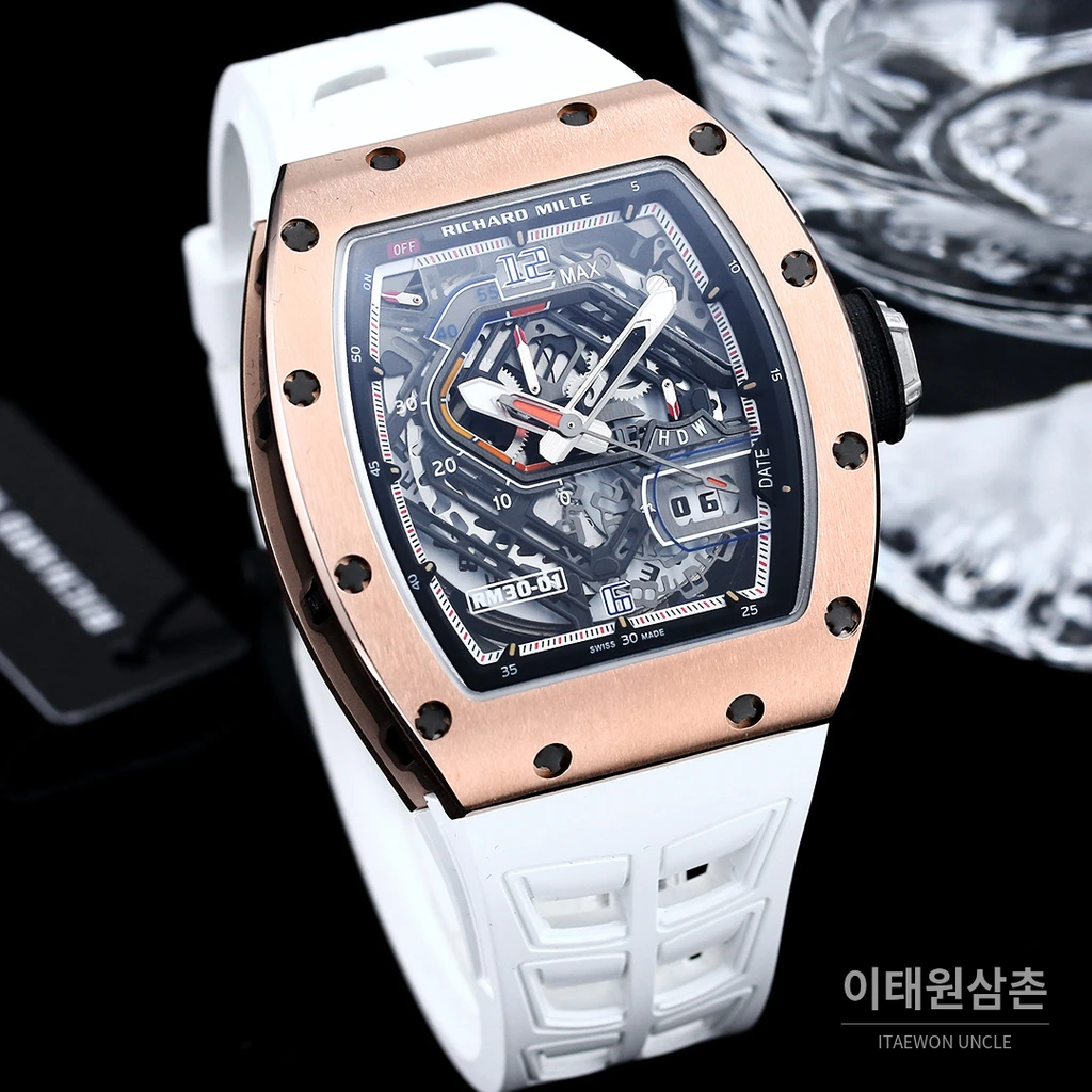리차드밀 RM30-01 로즈골드 스켈레톤 화이트 러버스트랩 오토매틱 50mm