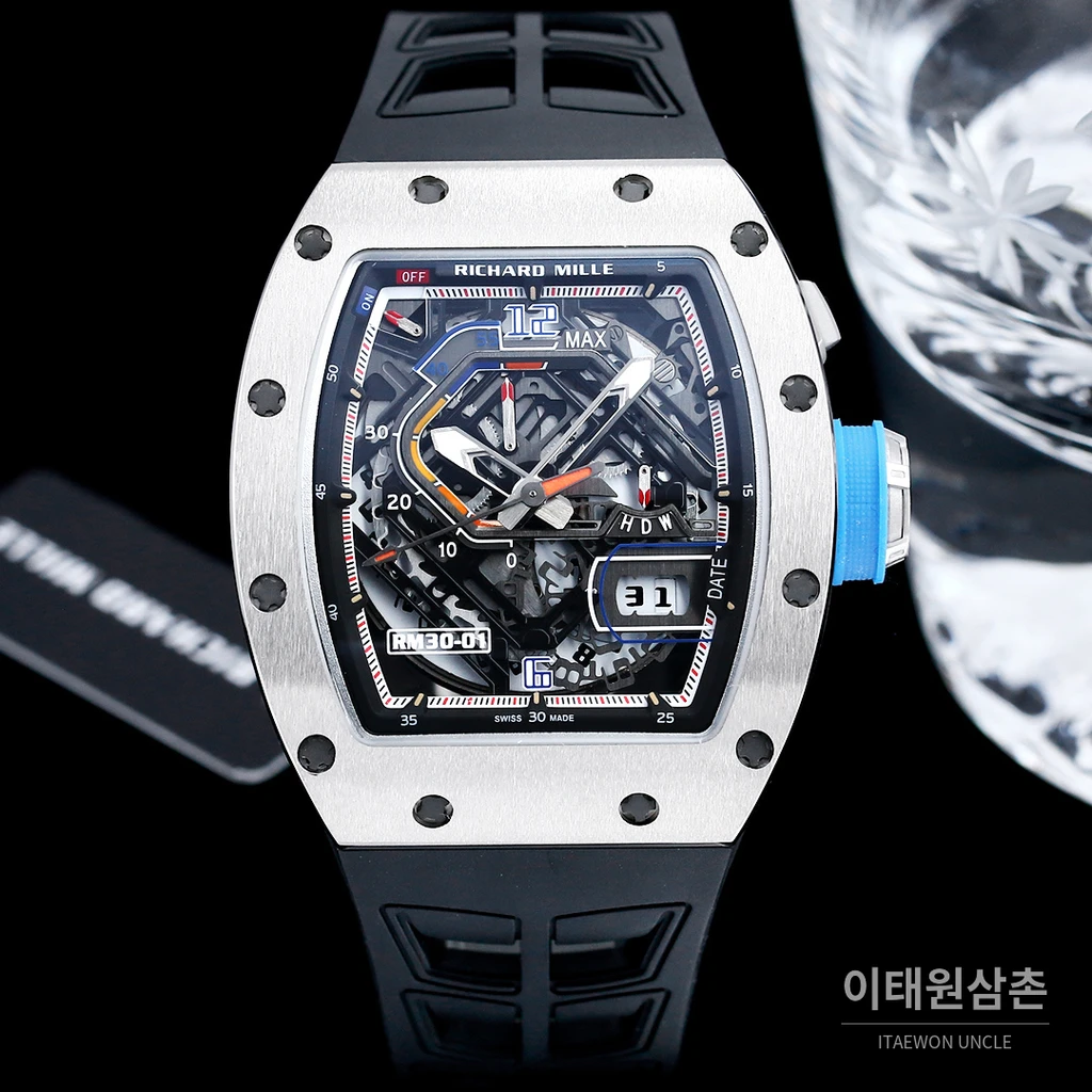 리차드밀 RM30-01 실버 스켈레톤 블랙 러버스트랩 오토매틱 50mm