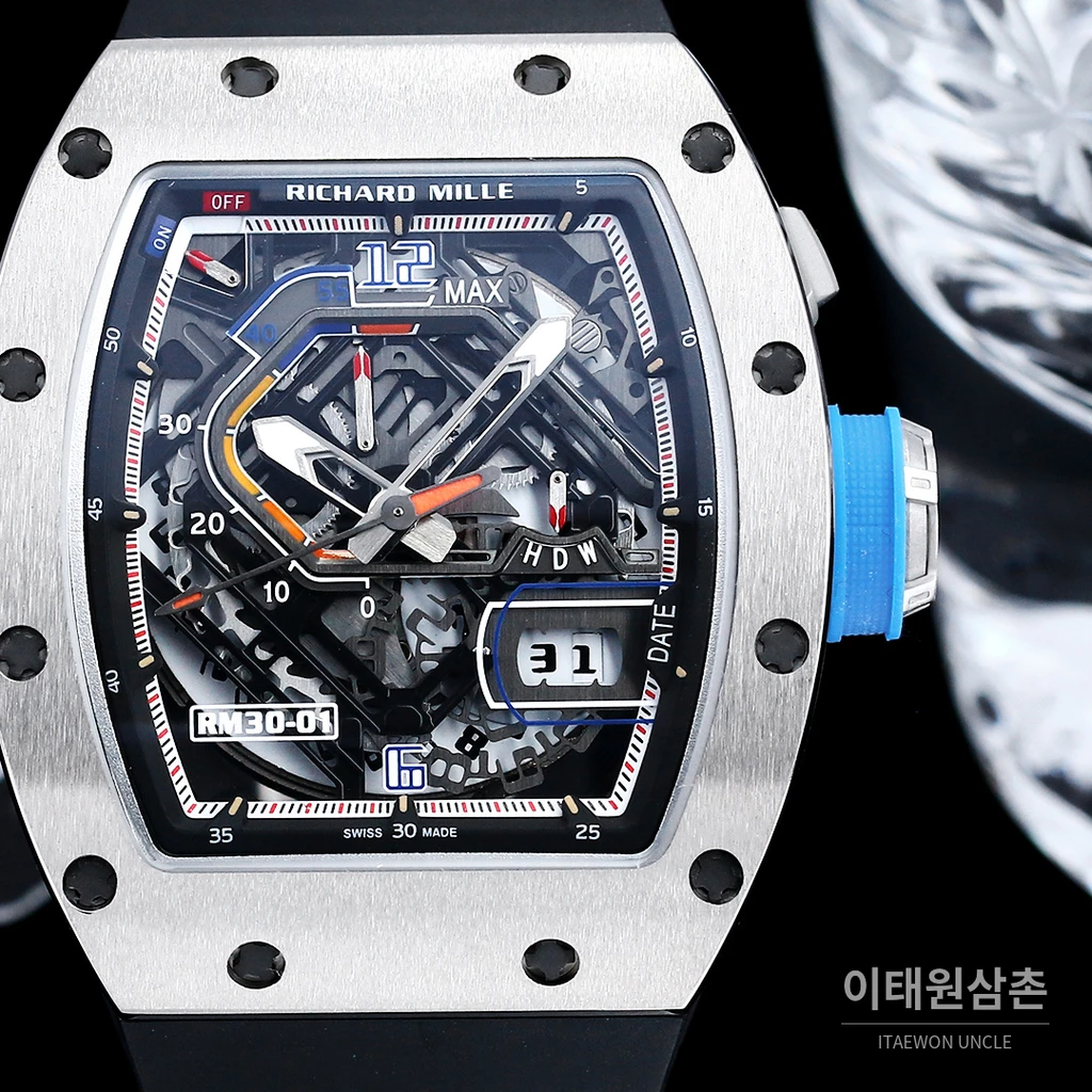 리차드밀 RM30-01 실버 스켈레톤 블랙 러버스트랩 오토매틱 50mm