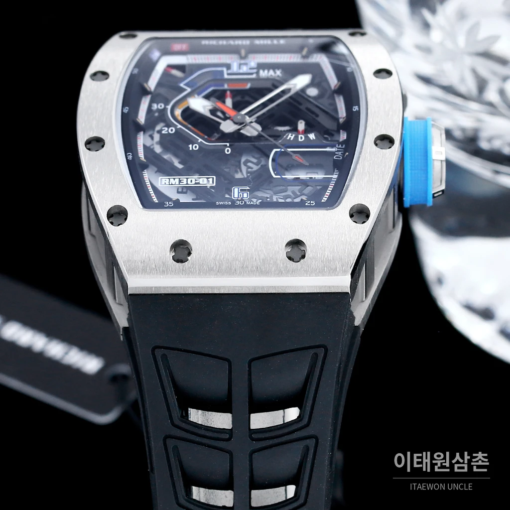 리차드밀 RM30-01 실버 스켈레톤 블랙 러버스트랩 오토매틱 50mm