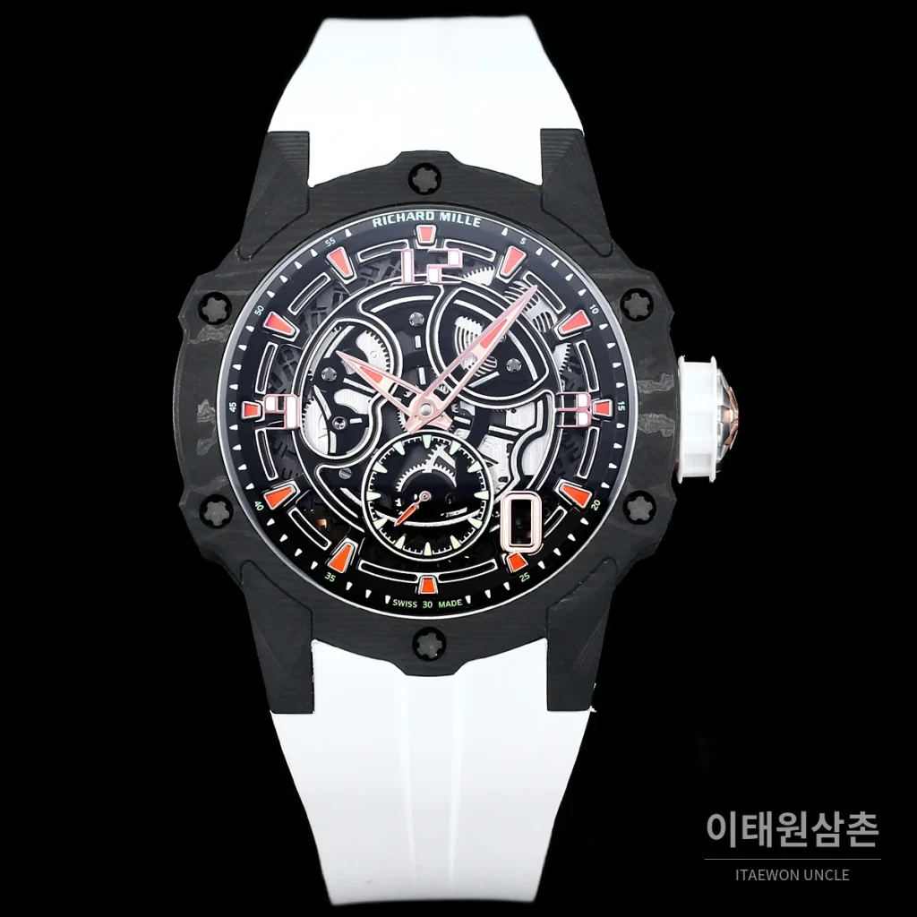 리차드밀 티타늄 카본 스켈레톤 마이크로로터 오토매틱 42mm tan 스켈레톤 다이얼 화이트 러버 스트랩