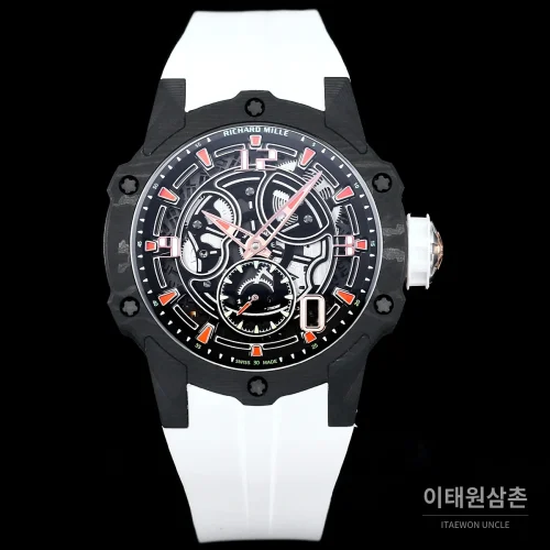 리차드밀 티타늄 카본 스켈레톤 마이크로로터 오토매틱 42mm tan 스켈레톤 다이얼 화이트 러버 스트랩