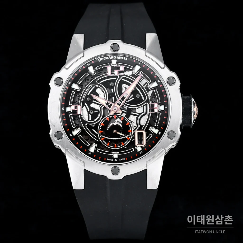 리차드밀 티타늄 카본 스켈레톤 마이크로로터 오토매틱 42mm tan 스켈레톤 다이얼 블랙 러버 스트랩