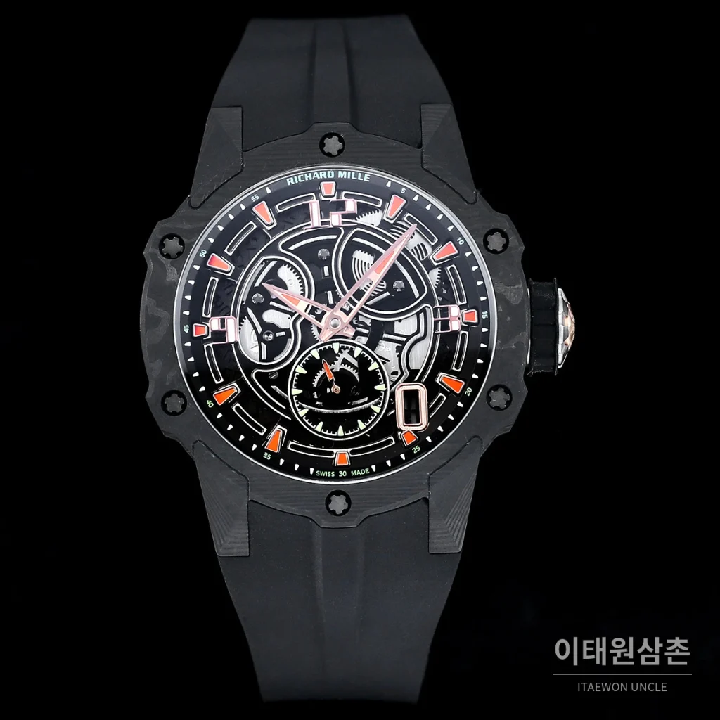 리차드밀 티타늄 카본 스켈레톤 마이크로로터 오토매틱 42mm tan 스켈레톤 다이얼 화이트 러버 스트랩