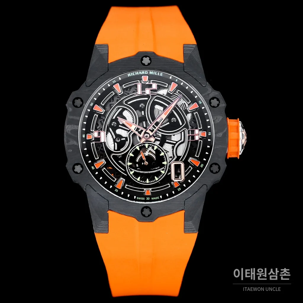 리차드밀 티타늄 카본 스켈레톤 마이크로로터 오토매틱 42mm tan 스켈레톤 다이얼 레드 러버 스트랩