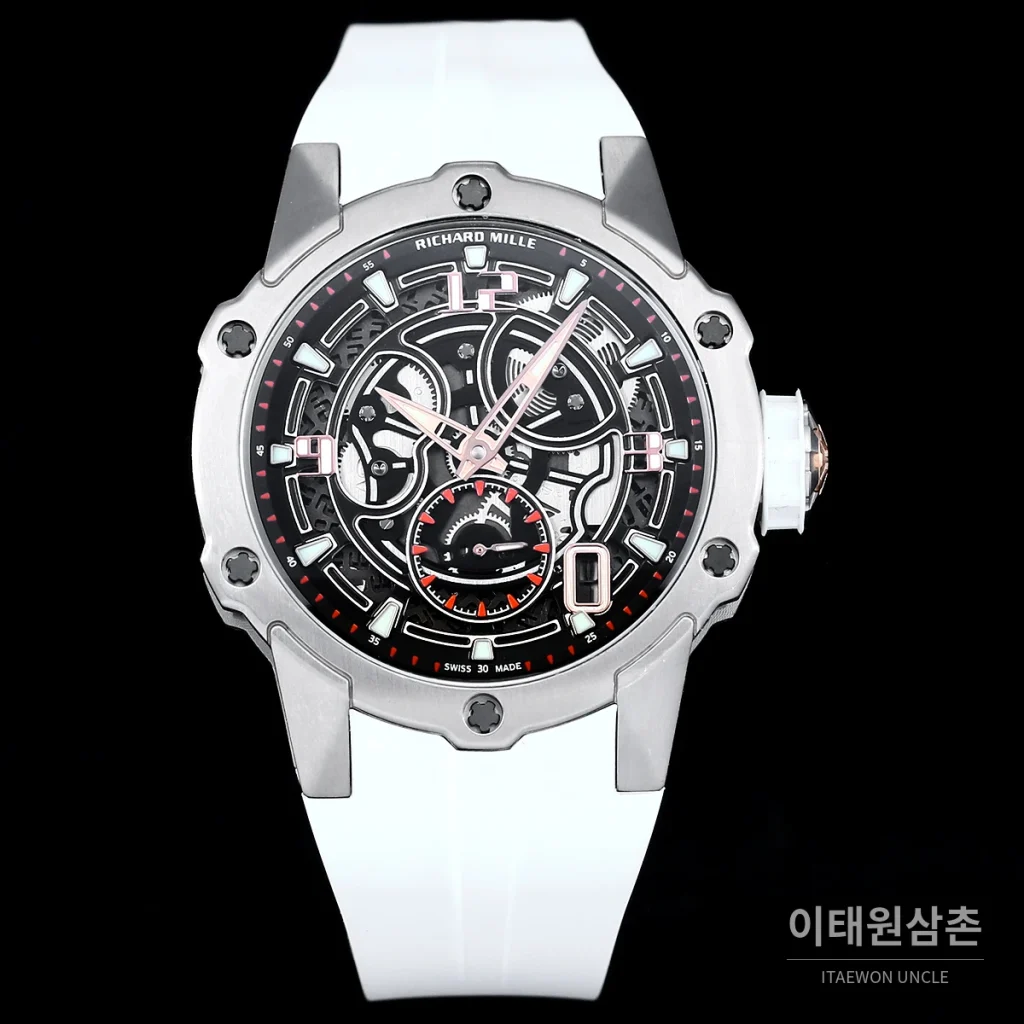 리차드밀 티타늄 카본 스켈레톤 마이크로로터 오토매틱 42mm tan 스켈레톤 다이얼 블랙 러버 스트랩