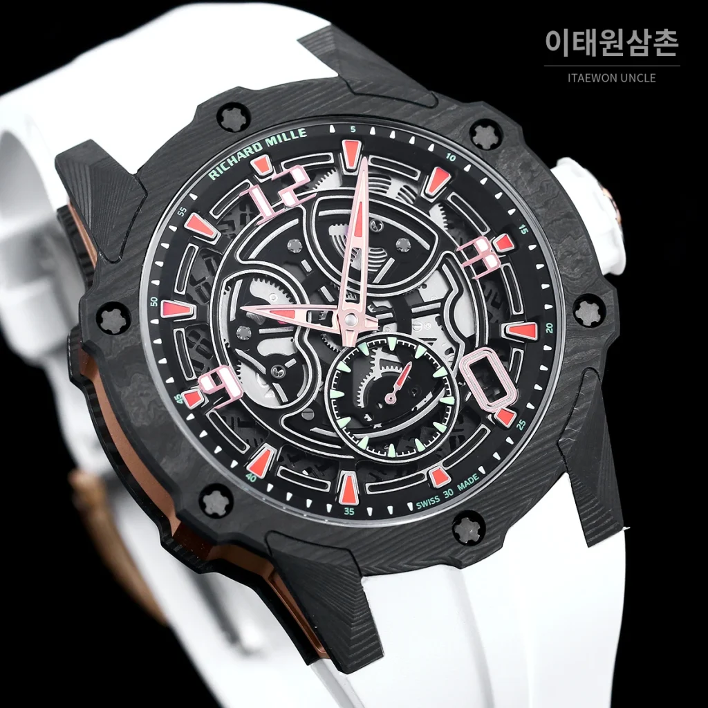 리차드밀 티타늄 카본 스켈레톤 마이크로로터 오토매틱 42mm tan 스켈레톤 다이얼 화이트 러버 스트랩