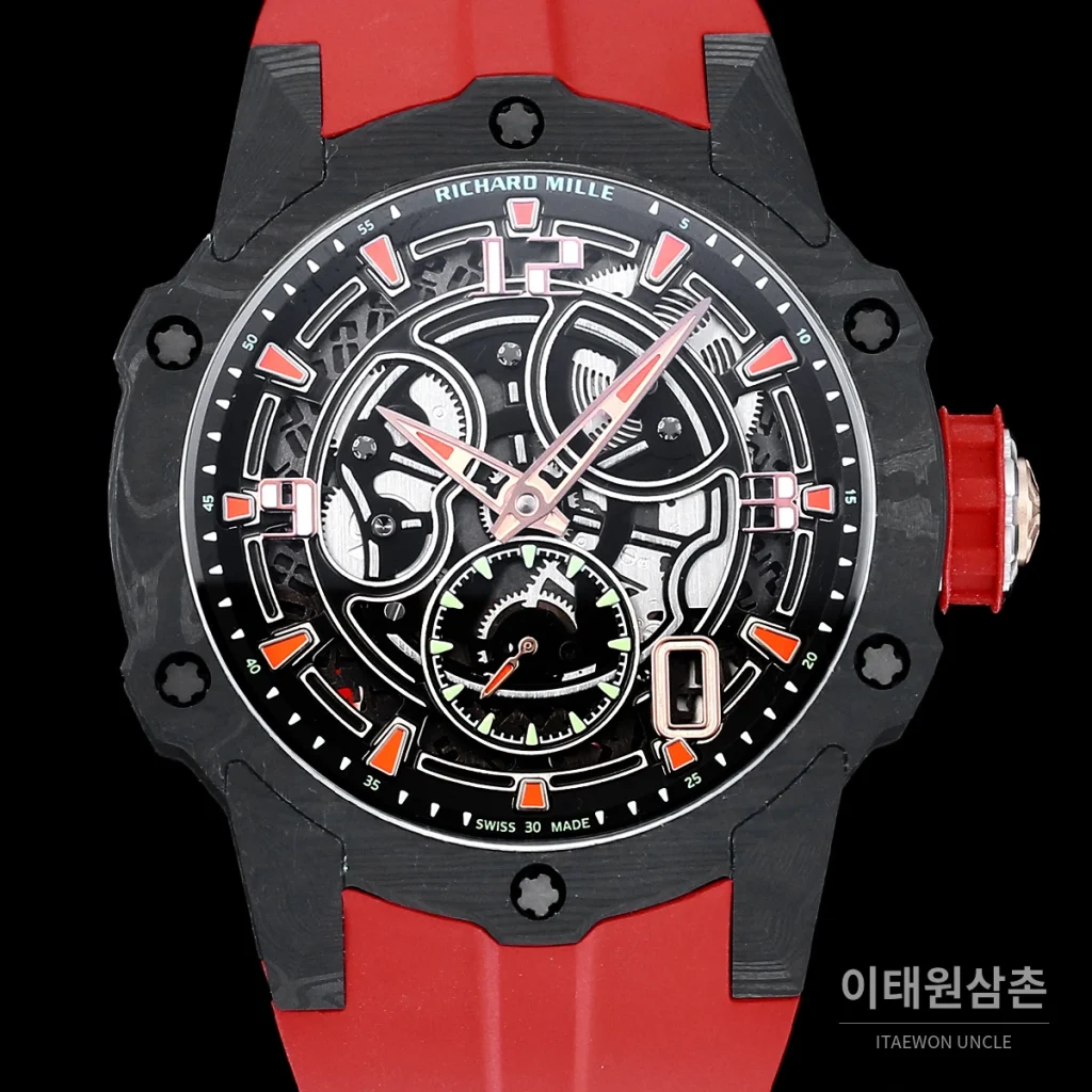 리차드밀 티타늄 카본 스켈레톤 마이크로로터 오토매틱 42mm tan 스켈레톤 다이얼 레드 러버 스트랩