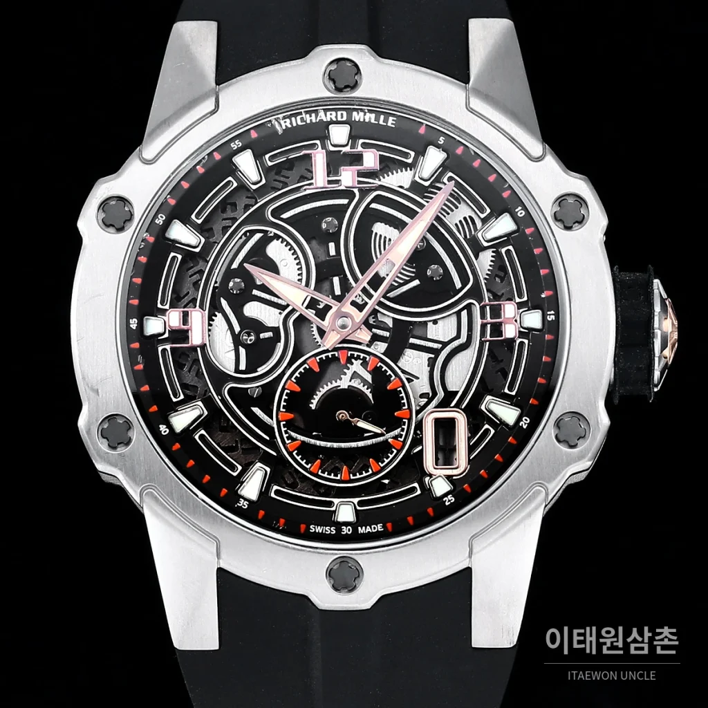 리차드밀 티타늄 카본 스켈레톤 마이크로로터 오토매틱 42mm tan 스켈레톤 다이얼 블랙 러버 스트랩
