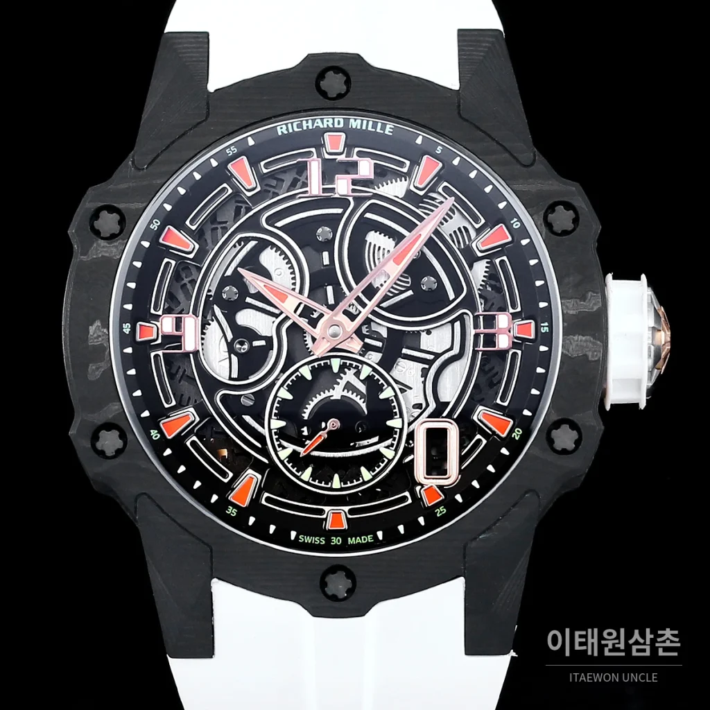 리차드밀 티타늄 카본 스켈레톤 마이크로로터 오토매틱 42mm tan 스켈레톤 다이얼 화이트 러버 스트랩