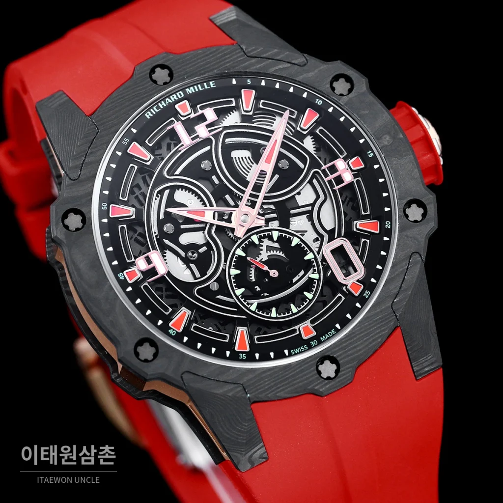 리차드밀 티타늄 카본 스켈레톤 마이크로로터 오토매틱 42mm tan 스켈레톤 다이얼 레드 러버 스트랩