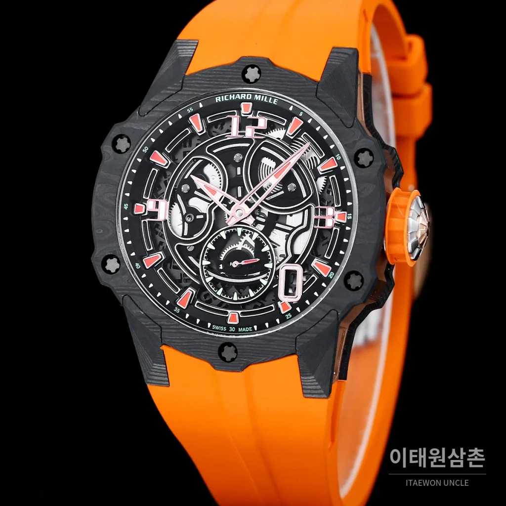 리차드밀 티타늄 카본 스켈레톤 마이크로로터 오토매틱 42mm tan 스켈레톤 다이얼 레드 러버 스트랩