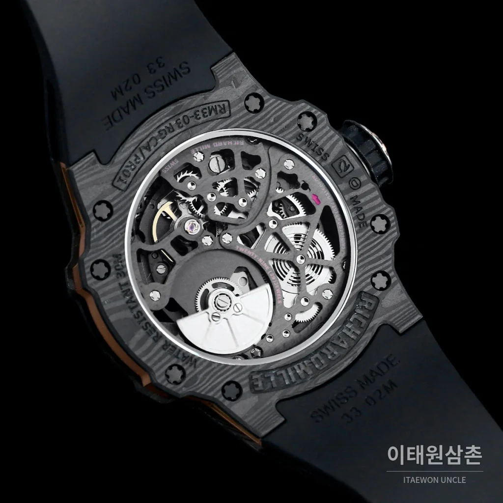 리차드밀 티타늄 카본 스켈레톤 마이크로로터 오토매틱 42mm tan 스켈레톤 다이얼 화이트 러버 스트랩