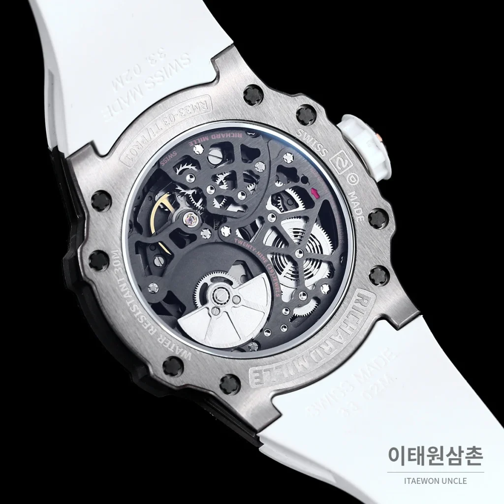 리차드밀 티타늄 카본 스켈레톤 마이크로로터 오토매틱 42mm tan 스켈레톤 다이얼 블랙 러버 스트랩