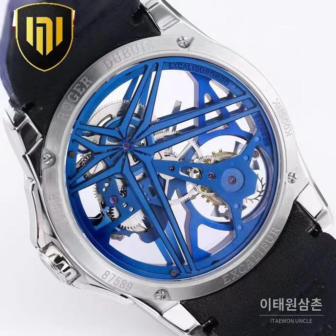 로저드뷔 엑스칼리버 플라잉 투르비용 스켈레톤 블루다이얼 오토매틱 42mm 네이비 러버 스트랩
