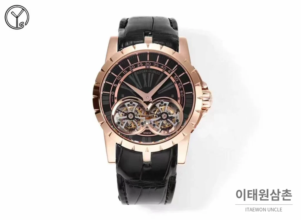 로저드뷔 엑스칼리버 로즈골드 스켈레톤 더블투르비옹 수동 45mm 블랙 다이얼 블랙 가죽 스트랩 로즈골드 베젤