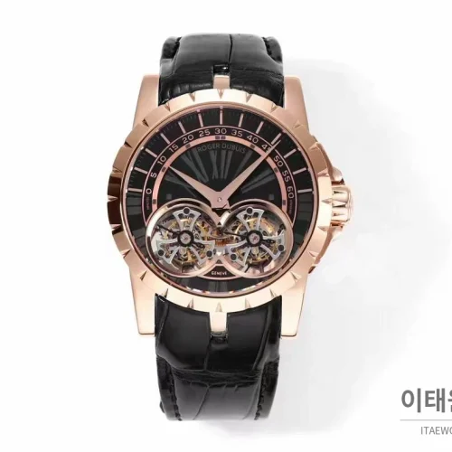 로저드뷔 엑스칼리버 로즈골드 스켈레톤 더블투르비옹 수동 45mm 블랙 다이얼 블랙 가죽 스트랩 로즈골드 베젤