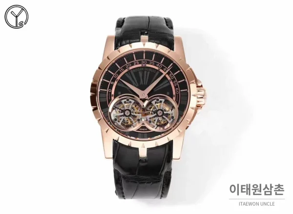 로저드뷔 엑스칼리버 로즈골드 스켈레톤 더블투르비옹 수동 45mm (2) 로저드뷔 엑스칼리버 로즈골드 스켈레톤 더블투르비옹 수동 45mm 블랙 다이얼 블랙 가죽 스트랩 로즈골드 베젤