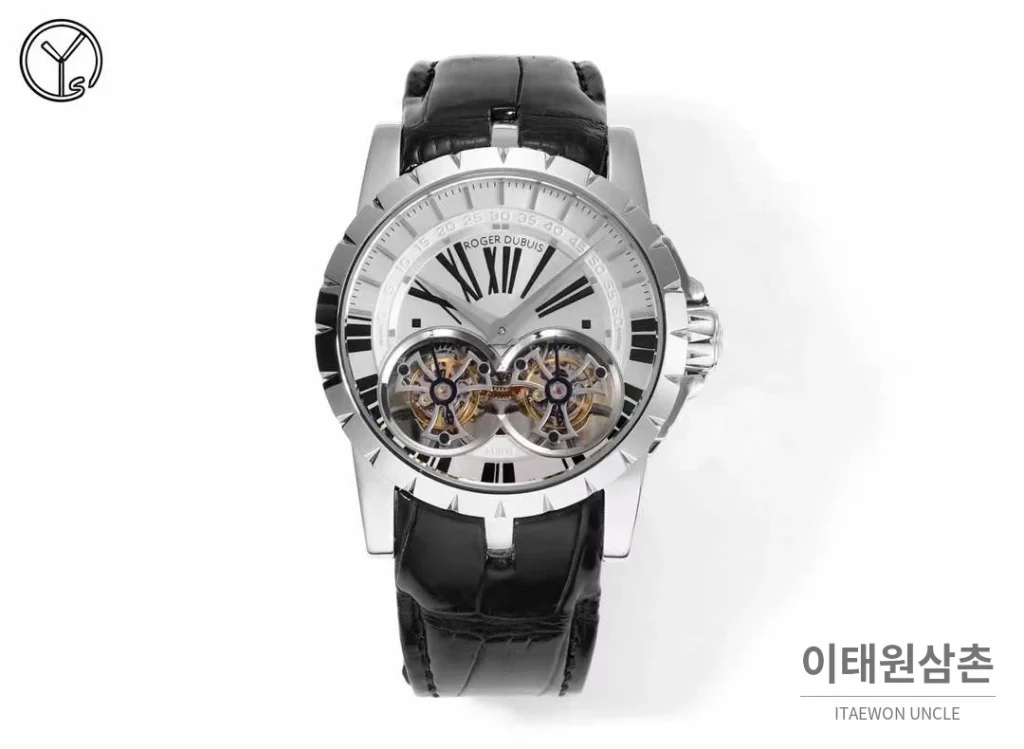 로저드뷔 엑스칼리버 로즈골드 스켈레톤 더블투르비옹 수동 45mm 화이트 다이얼 블랙 가죽 스트랩 실버 베젤
