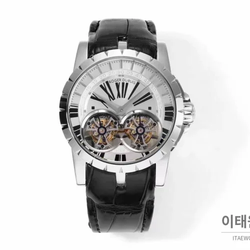 로저드뷔 엑스칼리버 로즈골드 스켈레톤 더블투르비옹 수동 45mm 화이트 다이얼 블랙 가죽 스트랩 실버 베젤