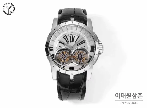 로저드뷔 엑스칼리버 로즈골드 스켈레톤 더블투르비옹 수동 45mm 화이트 다이얼 블랙 가죽 스트랩 실버 베젤