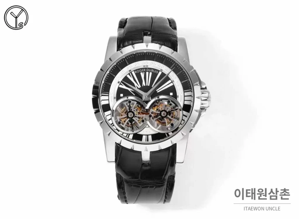 로저드뷔 엑스칼리버 로즈골드 스켈레톤 더블투르비옹 수동 45mm 블랙 다이얼 블랙 가죽 스트랩 실버 베젤