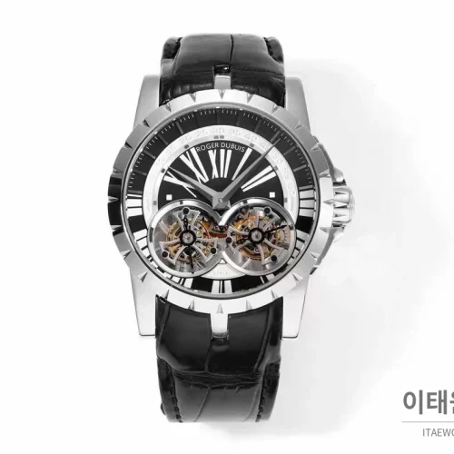 로저드뷔 엑스칼리버 로즈골드 스켈레톤 더블투르비옹 수동 45mm 블랙 다이얼 블랙 가죽 스트랩 실버 베젤